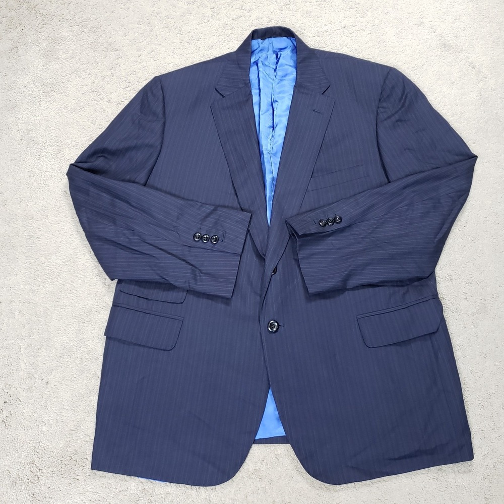 Holland & Sherry Men's Bespoke Blazer Navy Blue Stripe USA 46L Working Cuffs